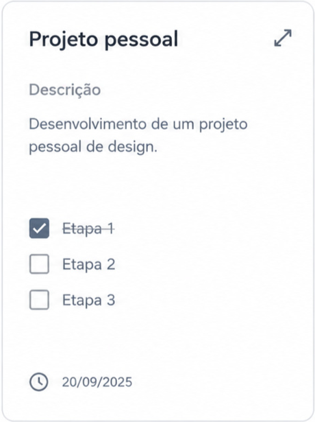 Lista de tarefas com o título "Projeto pessoal", descrição, lista de tarefas contendo três itens e prazo.