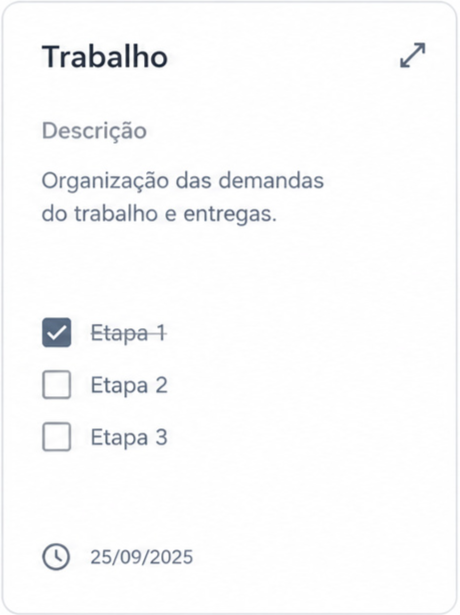Lista de tarefas com o título "Trabalho", descrição, lista de tarefas contendo três itens e prazo.