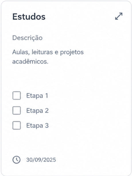 Lista de tarefas com o título "Estudos", descrição, lista de tarefas contendo três itens e prazo.