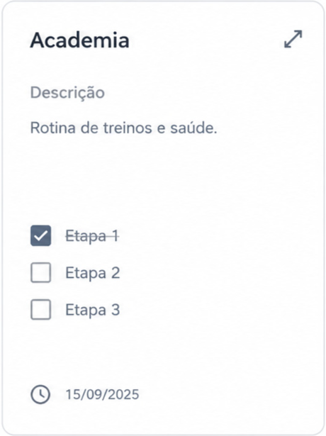 Lista de tarefas com o título "Academia", descrição, lista de tarefas contendo três itens e prazo.